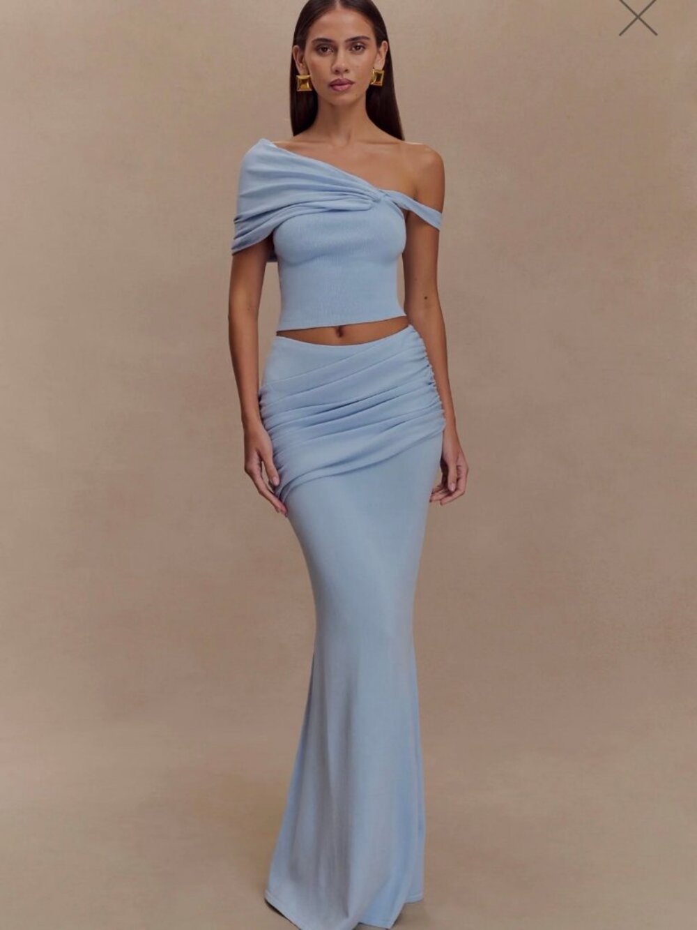 Meshki Light Blue Off-Shoulder Two-Piece Set – Draped Crop Top + Ruched Maxi Ski